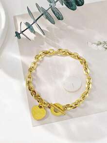 1pc Women's Stainless Steel Classic Heart Engraved Toggle Clasp Steel Chain Bracelet Valentines,Mom,Mother,Mother's Day, - 金色 - 查看 3