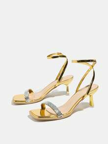 Tocuri înalte pentru femei, pantofi cu vârf pătrat placați cu aur, la modă și eleganți, cu ornamente de cristal, potriviți pentru petreceri, banchete și ocazii în aer liber, toamnă/primăvară, tocuri tip pisoi - Aur - Vizualizare 5