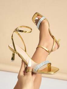 Tocuri înalte pentru femei, pantofi cu vârf pătrat placați cu aur, la modă și eleganți, cu ornamente de cristal, potriviți pentru petreceri, banchete și ocazii în aer liber, toamnă/primăvară, tocuri tip pisoi - Aur - Vizualizare 1