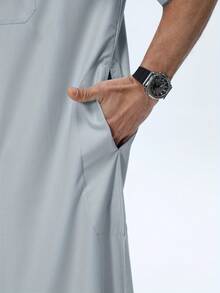 Al Haramain Men's Light Grey Short Sleeve Traditional Robe, Elegant Embroidery Accent Chest Pocket, Minimalist Sophisticated Style