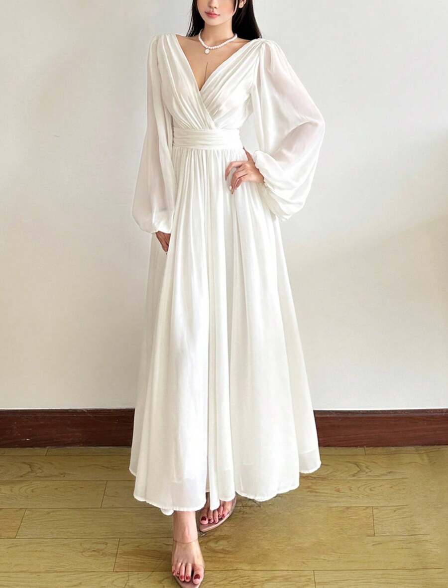 YeonC 长袖性感V领纯色修身长裙