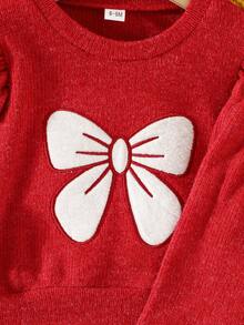 2pcs/Set Baju Bayi Perempuan Kasual Lucu dengan Bordir Pita dan Manset Berkerut, Dipadukan dengan Celana Warna Polos, Pakaian Musim Gugur/Dingin - Burgundy - View 6