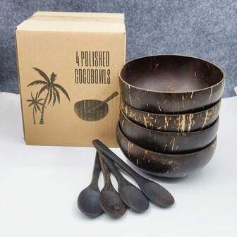 [Best-Selling] Coconut Shell Handmade Salad Bowl Set, With Wooden Spoon, Suitable For Holding Salads, Fruits, And Grains