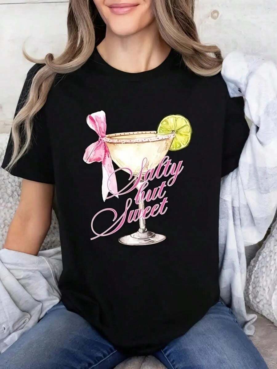 S Black Margarita Cocktail T-Shirt - "Salty & Sweet" Bridesmaid Party Shirt With Pink Bow & Lime Design, Casual Short Sleeve Top Bachelorette Events, Mexican-Themed Outfits, Washable Cocktail Party Attire220g High-Quality Pure Cotton T-Shirt With Minimalist Printing, Soft And Breathable Fabric, Comfortable And Loose, Suitable For All Day Wear, Suitable For Office Casual Wear, Spring And Summer Daily Appearance, Elegant And Youthful Design Ropa De Hombre - 黑色 - 查看 1