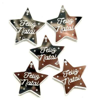 KIT 35 ESTRELA TAG 2,5 X 2,5CM. PRATA ACRÍLICO ESPELHADO FELIZ NATAL, PARA DECORAÇÃO, FESTA