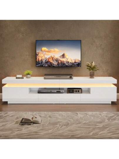 175*38*45cm Living Room TV Cabinet Shaped Cupboards Drawer, High Gloss LED Cabinet, Low Semi Open Storage Space, Free St ing TVs Up To 75 Inches