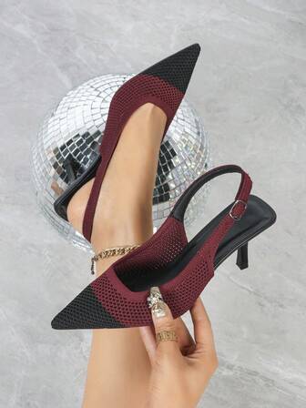 Women's Black & Burgundy Patchwork High Heel Pumps, Party Dress Shoes, Formal Slingback Pointed Toe High Heels With Ankle Strap,Burgundy Heels