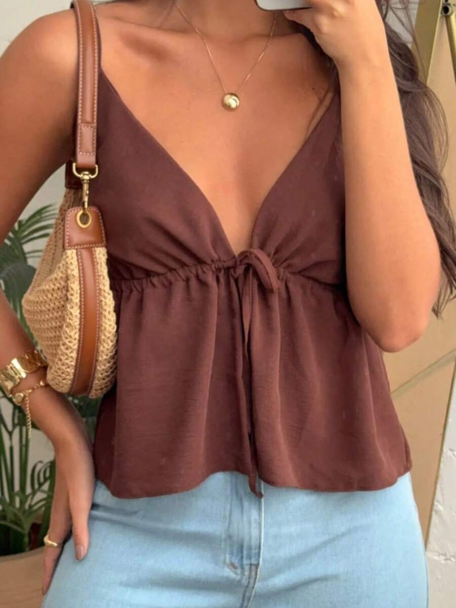 Women's Cropped Tank Top With Front Opening, Adjustable Tie, And Adjustable Straps - Spring 2025 Summer - Rust Brown - View 1