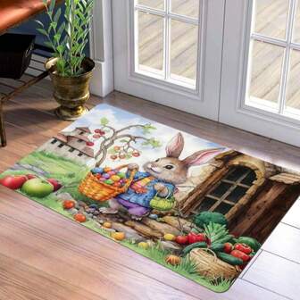 1pc Whimsical Rabbit And Basket Designed Floor Mat – Non-Slip, Stain-Resistant Polyester Mat, Quick-Drying Mat For Kitchen, Laundry Room, Bathroom, Ideal For Easter, Christmas, Valentine's Day, Thanksgiving Decorations, Washable Area Mat