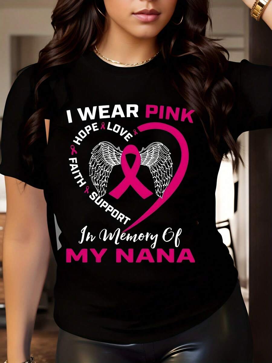 Breast Cancer Awareness Memorial 1 Pcs Women's Plus Size T-Shirt Funny Oversized Graphic Short Sleeve Tee Novelty 100% Polyester Shirt Casual Crew Neck Top 220g - Black - View 1