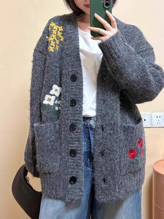 Fashionable & Elegant Women's Knitted Cardigan Sweater, Autumn/Winter,Ladies' Winter Flower Embroidered Coat, Christmas Sweater Women