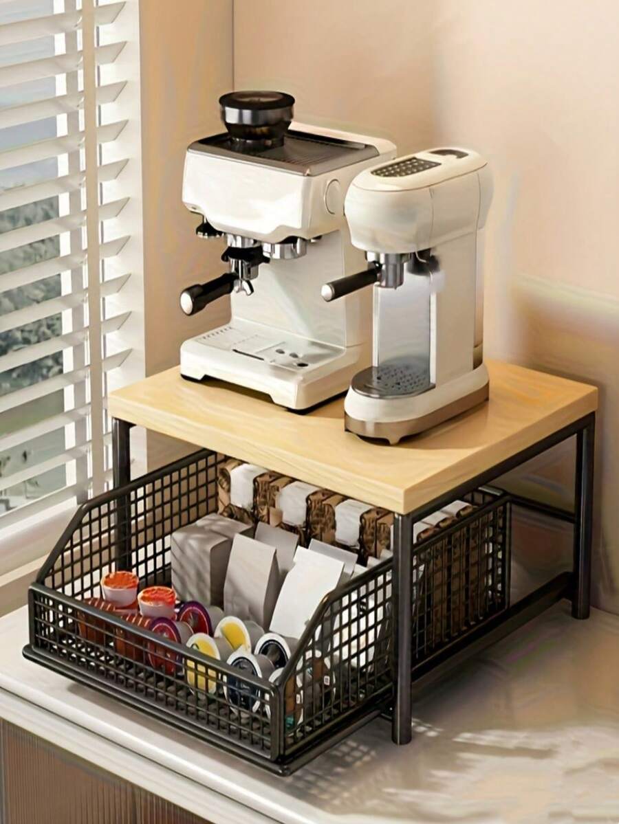 Rak Penyimpanan Meja Dapur 2 Tingkat dari Kayu Solid dan Logam dengan Laci dan Keranjang Kawat - Pengatur Hemat Ruang untuk Mesin Kopi, Peralatan Dapur, Bumbu - Desain Hitam Putih Modern, Tidak Membutuhkan Listrik, Rak Penyimpanan Rumah yang Tahan Lama, Rak Oven Microwave - MultiWarna - View 1