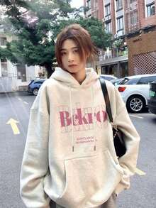 Women's Casual Loose Fit Round Neck Fleece Sweatshirt With Cartoon Letter Print, Versatile For Autumn/Winter - Light Gray - View 1