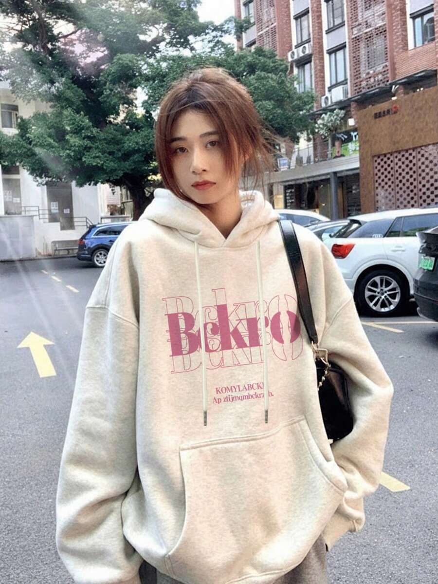Women's Casual Loose Fit Round Neck Fleece Sweatshirt With Cartoon Letter Print, Versatile For Autumn/Winter - Light Gray - View 1