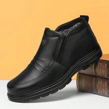 Black Leather High-Top Slip-On Warm Business Leather Shoes, Plush Thick Sole Wear-Resistant Anti-Slip Autumn/Winter Commuting Snow Boots, Thermal Lined Windproof Waterproof Easy-Clean Casual Men Boots