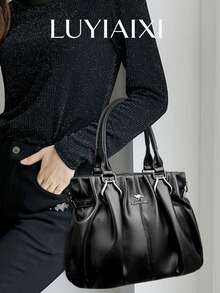 LUYIAIXI 2025 Jesień/Zima Nowa Moda Damska Retro Plisowana Duża Pojemność Torba na Jedno Ramię - Czarne - Zobacz 3