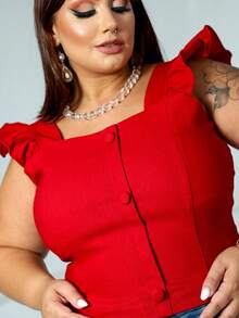 Women's Summer Plus Size Cropped Blouse With Ruffled Sleeves, Button Detail, Back Zipper, Curve Look, Sizes 44 To 54 - Red - View 6