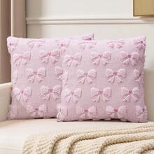 1/2Pcs Farmhouse Pink Bow Pillowcase Plush Square Single-Sided Pillow Cover Living Room Sofa Bedroom Home Decoration Car Cushion Cover Without Pillow Core - Pink - View 12