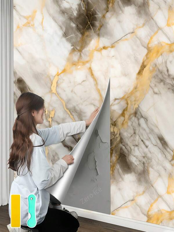 1 Roll Self-Adhesive Waterproof Bathroom Wall Stickers - Marble Texture Peel & Stick Removable Decals For Shower, Toilet, Sink - Easy To Clean & Washable Bathroom Decor, Bathroom Accessories