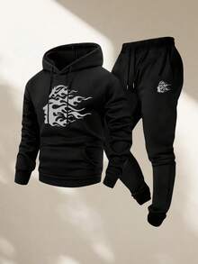 Men's Two-Piece Suit, Casual Round Neck Long-Sleeved Hooded Sweatshirt And Sweatpants Set, Suitable For Winter And Autumn, Sportswear Set, Pattern, Sweater Hoodie, Sweatshirt, Halloween, Jogging Pants, Pants, Hoodie, Sweatpants, Jogging Pants - màu đen - Xem 10