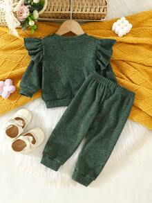 2pcs/Set Baby Girls Casual Cute Embroidered Bow Ruffle Cuff Long Sleeve Sweatshirt Matched With Solid Color Pants Outfit, Autumn/Winter - Green - View 2