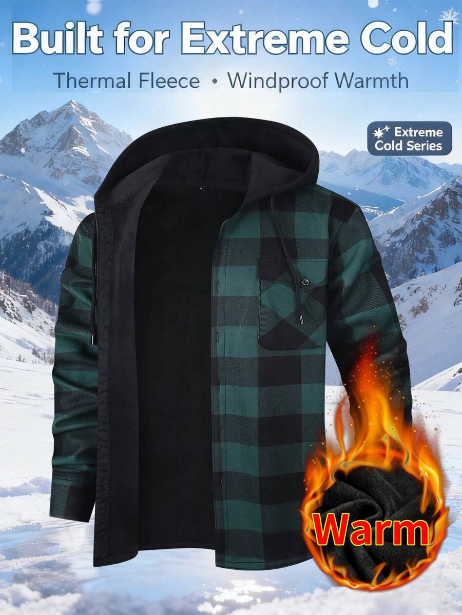 1pc Plaid Flannel Shirt For Men, Hooded Workwear Jacket With Pockets, Warm Padded Winter Plaid Lumberjack Jacket - Flannel Hooded Shirt - 綠色 - 查看 1