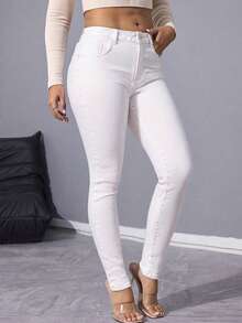 Lässige vielseitige einfarbige Stretch Skinny Jeans mit Taschen - Weiss - Übersicht 4