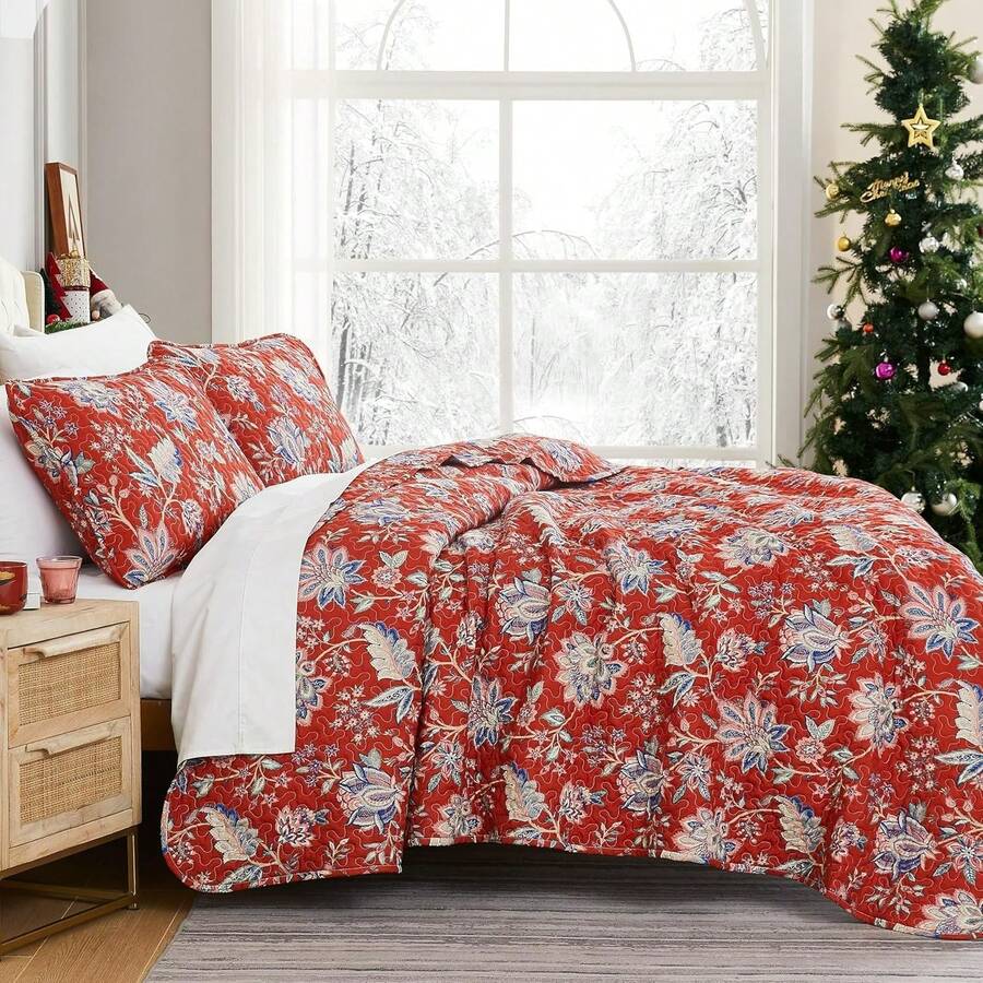 Full/Queen Quilt Bedding Set, Microfiber Quilts Queen Size, Coverlet, Stain & Pet Hair Resistant Bedding, Full Size Bedspread With 2 Pillow Shams, Bone, 2025 - 35 - 詹姆士一世時期柳樹紅 - 查看 1