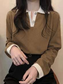 Casual Commuter Color Block Long Sleeve Shirt, Autumn - Khaki - View 4
