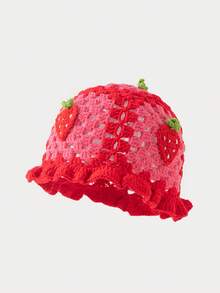 1pc Women's Fashion Hollow Strawberry Cherry Handmade Crochet Wavy Edge Knit Hat, Suitable For Autumn/Winter Daily Warmth And Travel Outfits - A - View 4
