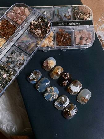 1 Box 12pcs Set Nail Art Decorations, Coffee Color Pearl Shell Flower Materials, Nail Rhinestones