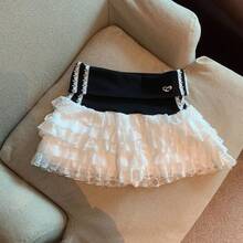 1件甜美蕾丝拼布撞色高腰蛋糕迷你裙 - 彩色 - 查看 9