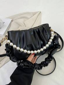 Fashionable & Elegant Pleated Pearl Decor Shoulder Bag - Black - View 9