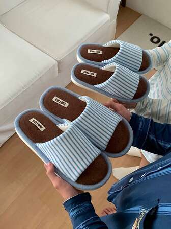 XIXITIAO 1 par de pantuflas retro de bloques de color y rayas, pantuflas cómodas para interiores de pareja con suela suave antideslizante, cálidas para otoño/invierno