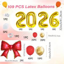 109件套红金气球拱门套装，含红色蝴蝶结和金色2026形状气球，适用于新年派对、生日、婚礼、房间墙面背景装饰、气球花环拱门套装、返校季、情人节等场合。 - 紅色 - 查看 2