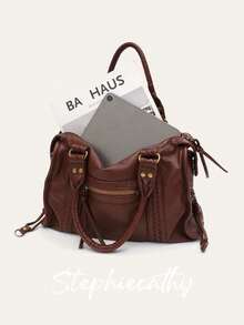 STEPHIECATHY Retro Casual Cool Street Unisex Style Handbag Soft Brush Off Washed PU Vegan Leather Zipper Closure Zip Pockets Braid Decor Large Capacity Small Size Tote Adjustable Long Strap Cross Body Shoulder Bag Top-Handle Purse Women Daily College Commute Travel Versatile - Multicolor - View 6