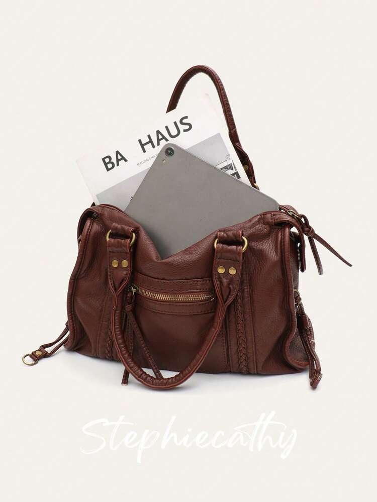 STEPHIECATHY Vintage Casual Cool Street Style Unisex Handbag, Soft Washed PU Leather, Zipper Closure, Zipper Pocket, Woven Decor, Large Capacity, Compact Size, Adjustable Long Shoulder Strap, Crossbody Shoulder Bag, Top Handle, Versatile For Women Daily, College, Commute, Travel - Multicolor - View 6