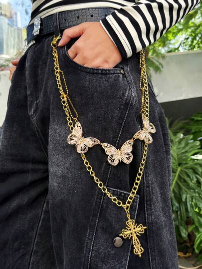 1 accesoriu fluture auriu, lanț pantaloni seria aurie decorare pantaloni, lanț decorativ, potrivit pentru bărbați și femei, lanț pantaloni, potrivit pentru decorarea pantalonilor, ocazii casual, festivaluri de muzică, accesorii petrecere