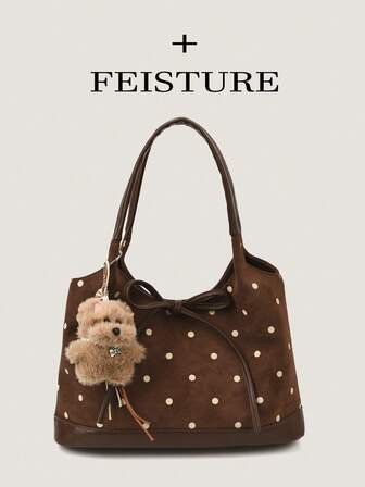 1 pieza Bolso de mano de ante sintético con lunares, bolso de moda para mujer, bolso de hombro casual para ir al trabajo, citas, uso diario, con colgante