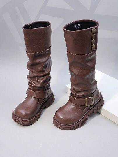 Girls' Tall Boots Autumn/Winter New Style Children's Long Boots Mid-To-Large Kids Thick Sole Slouch Boots 2-In-1 Riding Boots Toddler Girls' Mid-Calf Boots Student Baby Boots
