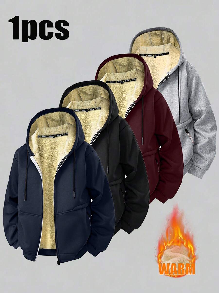 男士户外保暖内衬卫衣外套，休闲时尚，秋冬季 - 藍色 - 查看 1