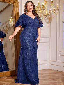 XUIBOL High Quality Stretchy Elegant Sequin Patchwork Super Fitted Plus Size V-Neck Evening Cocktail Party Wedding Anniversary Family Formal Gala Bridal Shower Birthday Celebration Short Sleeve Luxurious Dignified Mother Of The Bride Dress (Heavy Embellishment) - Navy Blue - View 2
