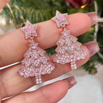 2pcs Fashionable Christmas Tree Earrings, New Colorful/Pink Zirconia Inlaid Sparkling Earrings, High-End Holiday Gift Suitable For Daily Wear