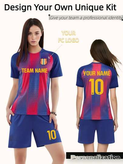 2pcs Women's Custom Barcelona 25/26 Jersey - Men And Women's Personalized Football Shirt With Name & Number Printing For Sports & Casual Use Breathable Athletic Top For Soccer, Basketball, Running, Casual Fan Wear.