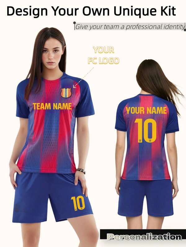 2pcs Women's Custom Barcelona 25/26 Jersey - Men And Women's Personalized Football Shirt With Name & Number Printing For Sports & Casual Use Breathable Athletic Top For Soccer, Basketball, Running, Casual Fan Wear.