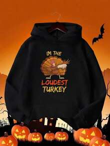 Lustiger Herren-Hoodie mit der Aufschrift "Ich bin der lauteste Truthahn" für Thanksgiving - Mit Truthahn & Schriftzug, dehnbares Polyester-Gewebe, Tasche & Kapuze mit Kordelzug, lässiges Herbst- & Halloween-Geschenk für Truthahn-Tag-Partys - Schwarz - Übersicht 1
