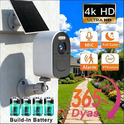 1pc Solar-Powered Wireless Outdoor Camera, 4MP/2K Ultra HD Surveillance Camera, Supports Two-Way Audio And 2.4G/5G WiFi Connection, AI Motion Detection, Two-Way Voice, Can Be Shared By Multiple Users, 5000mAh Large-Capacity Battery, Color Night Vision, App Control, Alarm Push Notifications, WiFi CCTV Camera Compatible With Smartphones, Suitable For Outdoors, Streets, Shopping Malls, And Home Smart Surveillance.