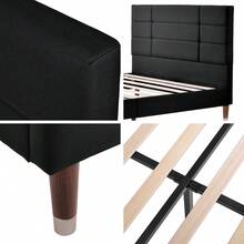 Double Bed With Slatted Base, 140x200cm, Padded Bed Frame With Headboard, In Black Linen, For Adults And Young People, (Mattress Not Included) - Black+Solid Wood+140cm*200cm - View 5