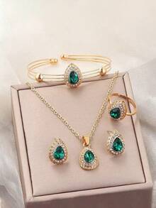 1set Vintage Luxury Elegant Rhinestone Water Drop Earrings, Necklace & Ring Jewelry Set For Women, Suitable For Festival, Birthday, Date, Dance, Party, Holiday, Shopping, Daily Work