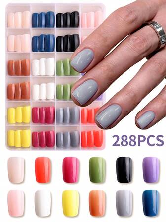 288 Pieces Acrylic Press On Nails, 12 Colors Available, Full Coverage, Glossy, Medium Size, Women's Push-On Fake Artificial Nail Pieces, For Women And Girls' Daily Life And Parties